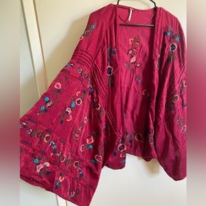 Vintage Free People Burgundy Embroidered Kimono Style Cardigan Size M/L Women